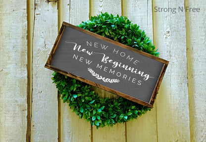 New Home New Beginning New Memories Wood Sign | Framed Farmhouse Style Sign | Housewarming Gift | Modern Farmhouse Sign