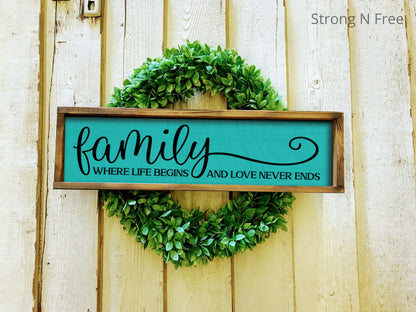 Family Wood Sign, Wood Sign, Quotes Signs, Family Sign, Family Where Life Begins And Love Never Ends, Family Wall Decor, Rustic Wall Sign