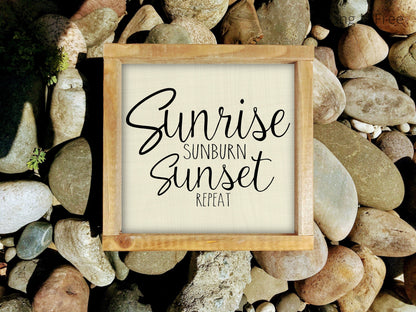 Beach Art wood sign, Sunrise Sunburn sunset repeat, Surfboard, Palm Tree, Sand Walking, Rustic Farmhouse