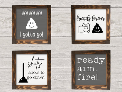 Set of 4 Mini Sign Collection Funny Farmhouse bathroom sign, shits about to go down, small bathroom humor sign, farmhouse bathroom decor
