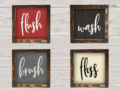 Wash Brush Floss Flush | Set of 4 | Wood Sign | Bathroom Sign | Bathroom Decor | Farmhouse Style | Farmhouse Sign | Farmhouse Bathroom