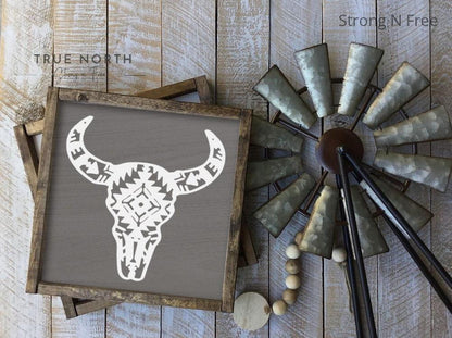 Aztec Bull Wood Sign | Boho Decor | Country Farmhouse | Bathroom Sign | Western Decor | Cow Head | Rustic | Bull Head | Cowboy Decor |