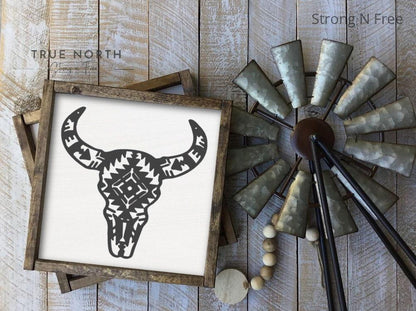 Aztec Bull Wood Sign | Boho Decor | Country Farmhouse | Bathroom Sign | Western Decor | Cow Head | Rustic | Bull Head | Cowboy Decor |