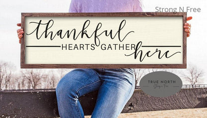 Thankful Hearts Gather here sign, farmhouse sign, kitchen sign, gift for her, rustic sign