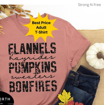 Flannels Hayrides Pumpkins Sweaters Bonfires Shirt Gift For Halloween, Autumn Aesthetic Shirt, Flannels Tshirt, Halloween Outfit, Fall Tee
