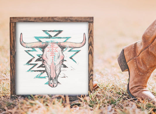 13" Framed Aztec Cow skull Western Decor - Farmhouse Boho Decor - Cowboy Style