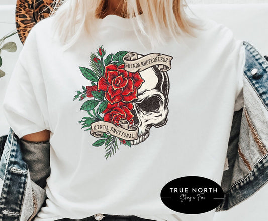 DTF Transfer Floral Skull , Kinda Emotional Sweater, Sarcasm , Halloween Skeleton, Flower Skull Horror , Funny Halloween Party