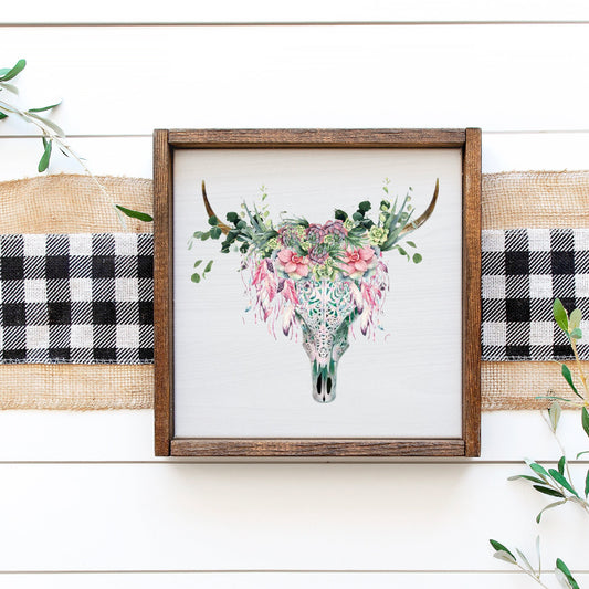 13" Framed  Western Sign, Rustic Sign featuring cow skull, cactus with pink & green details. BoHo Sign, clear waterslide