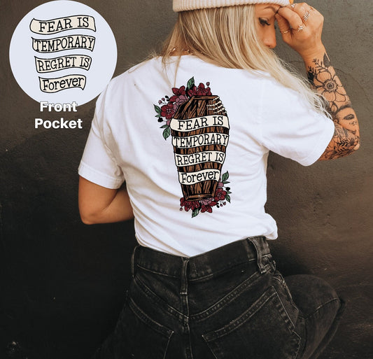 DTF Transfer Fear Is Temporary , Regret Is Forever , Flower Skull Tee, Motivational Clothing, Skeleton Design, Pocket Design