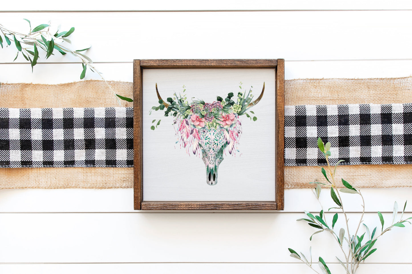 13" Framed  Western Sign, Rustic Sign featuring cow skull, cactus with pink & green details. BoHo Sign, clear waterslide